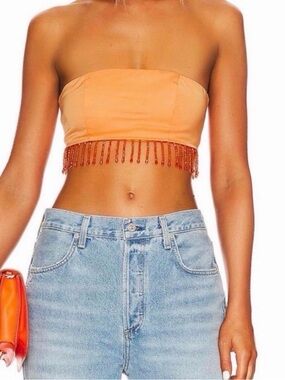 REVOLVE Peach Beaded Fringe Strapless Crop Top